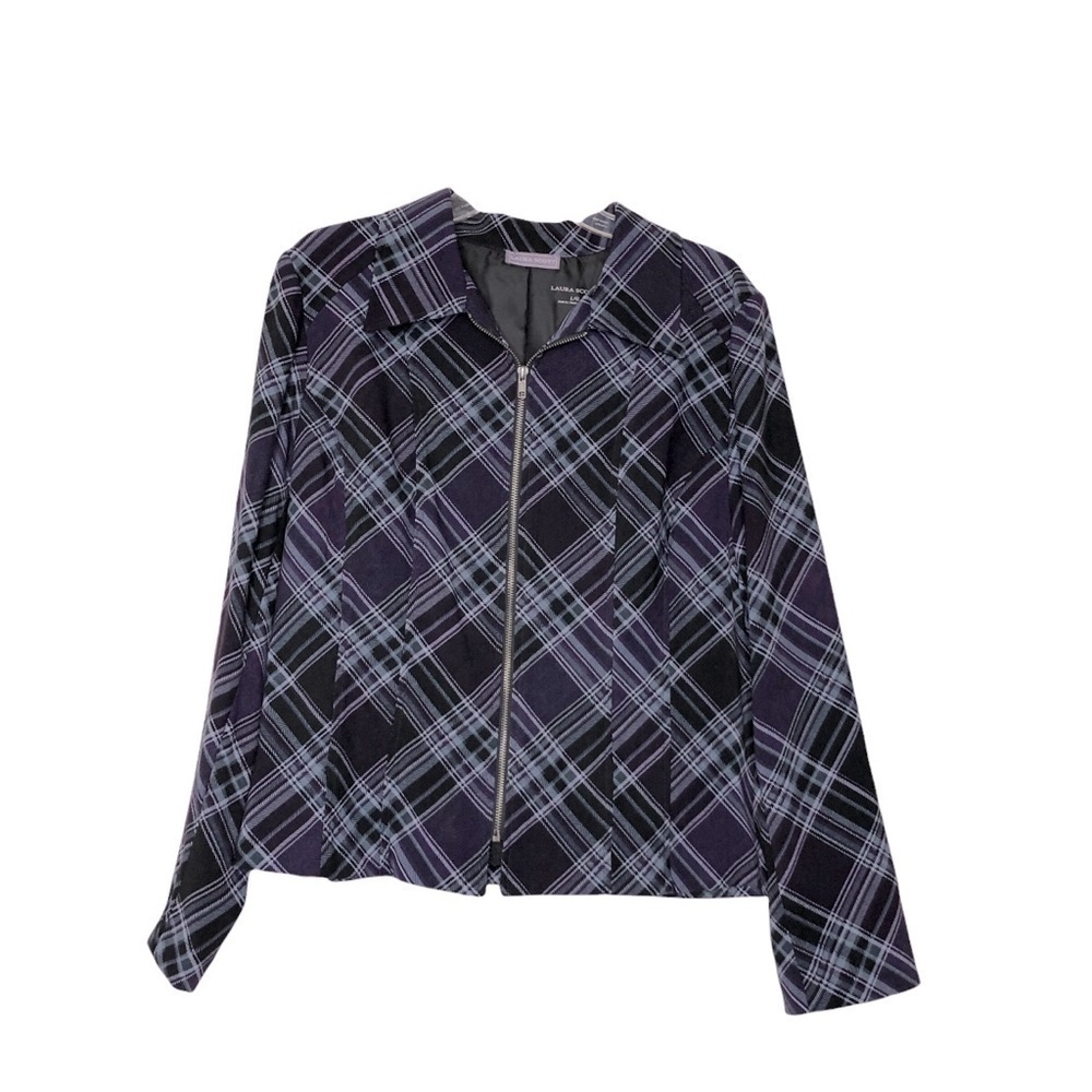 Laura SCOTT Purple, Gray, Black Plaid Zipper Front Long Sleeve Jacket Size Large